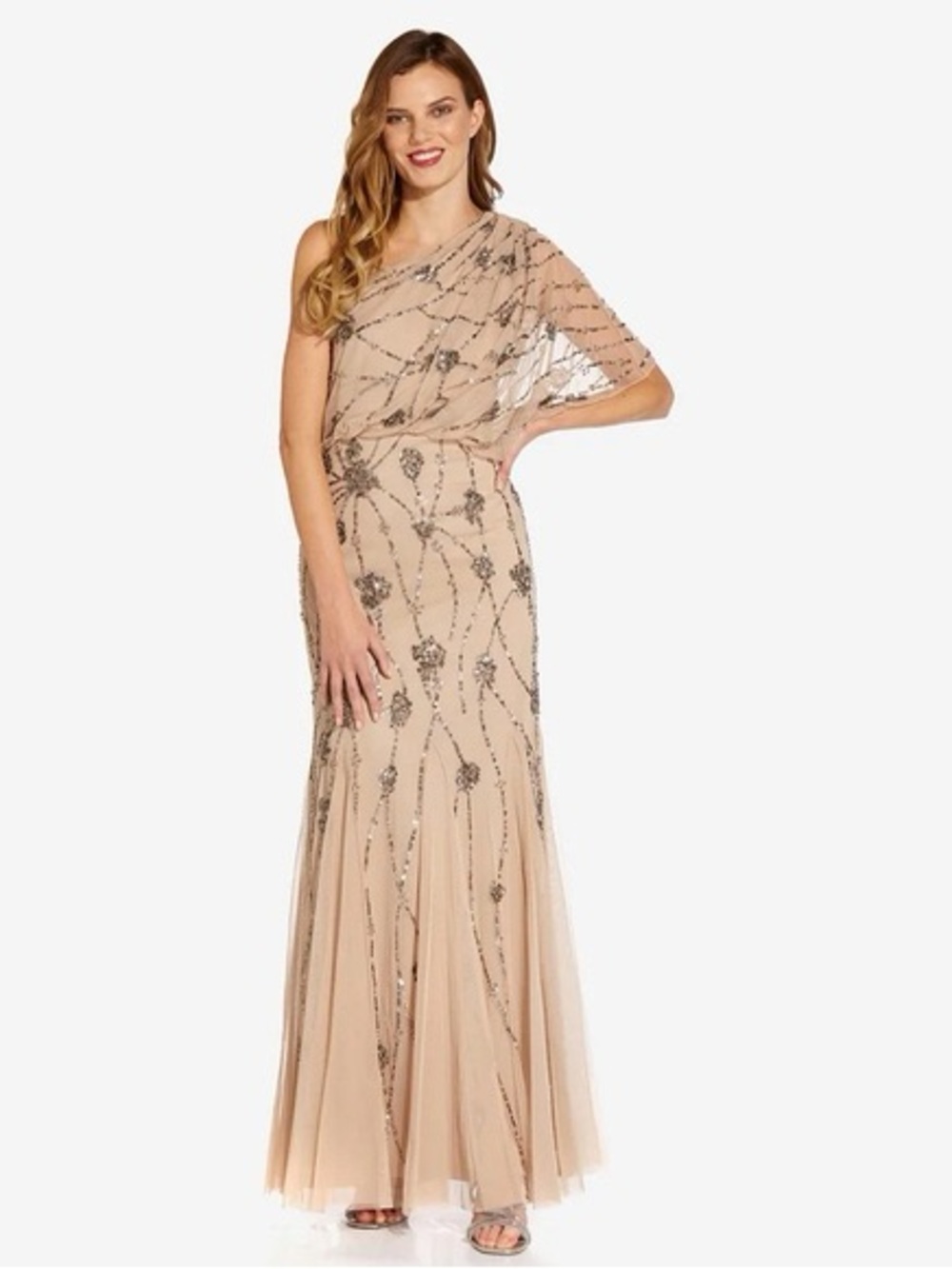 Adrianna Papell One-Shoulder Champagne-Beige Beaded Evening Gown Dress Size 12
